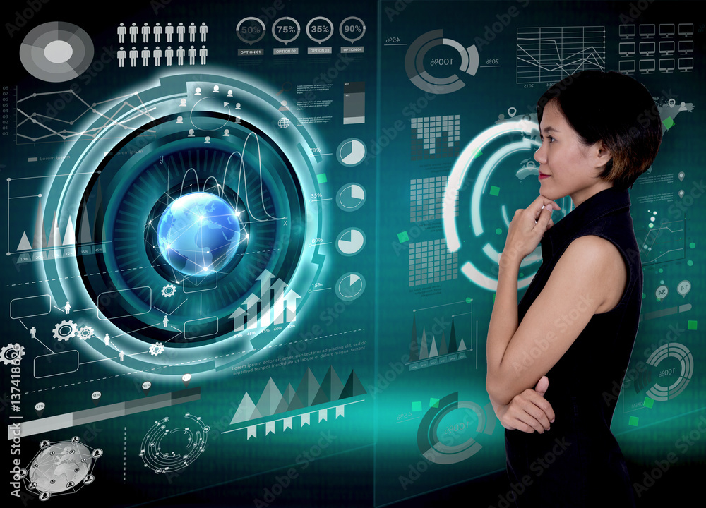 Businesswomen with financial analysis graph and key performance indicators on virtual screen.
