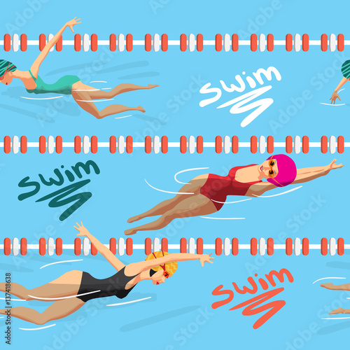 Seamless textile pattern of the women in sports swimsuit swims in the pool. Vector flat cartoon background