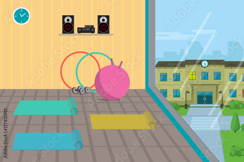 Sport gym interior with window and fitness equipment. Flat cartoon vector illustration