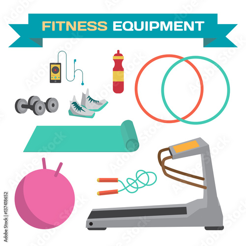 Sport and fitness equipment. The treadmill, yoga mat, jump rope, dumbbells, hoop. Flat cartoon isolated vector illustration
