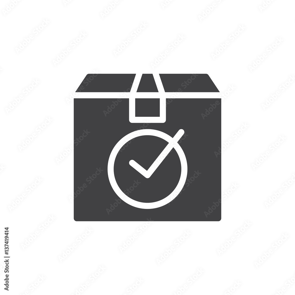 Package box with check mark icon vector, filled flat sign, solid pictogram isolated on white. Delivered symbol, logo illustration Package box with check mark icon vector, filled flat sign, solid pictogram isolated on white. Delivered symbol, logo illustration