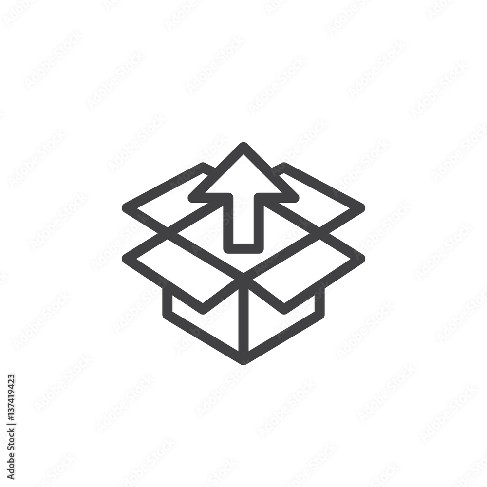 Box with up arrow line icon, outline vector sign, linear style pictogram isolated on white. Unpack, package unboxing symbol, logo illustration Box with up arrow line icon, outline vector sign, linear style pictogram isolated on white. Unpack, package unboxing symbol, logo illustration