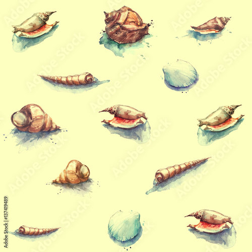 Seamless pattern with vintage watercolor drawing of seashells, shellfish.