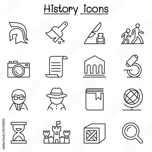 History & archeology icon set in thin line style