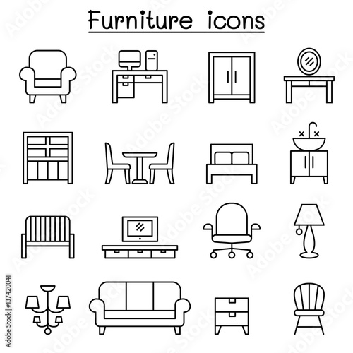 Basic Furniture icon set in thin line style