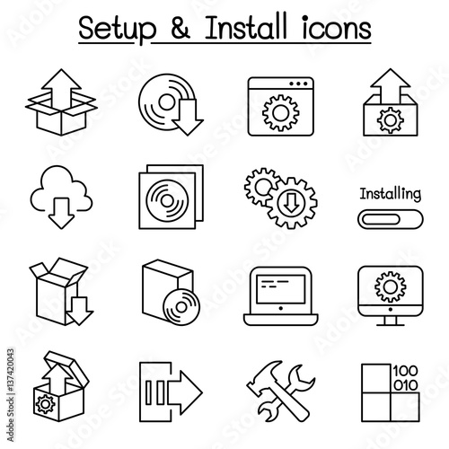 Setup, configuration, maintenance & Installation icon set in thin line style