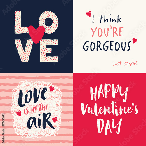 Cute set of four vector typographic love cards with decorative lettering in red, navy blue and blush pink. For Valentine's Day, Anniversary, Wedding cards, menus and web banners.