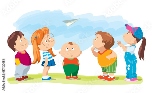 Set of looking up little boys and girls. Cartoon vector illustration