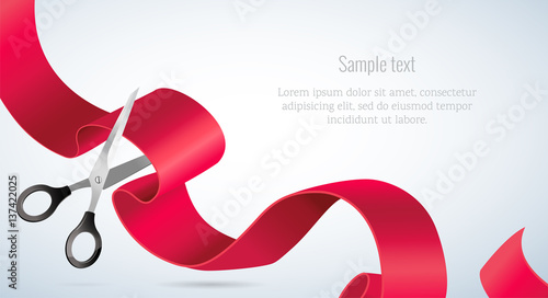 Grand opening concept. Scissors cut the ribbon. Grand opening card with red ribbon and silver scissors. Vector illustration