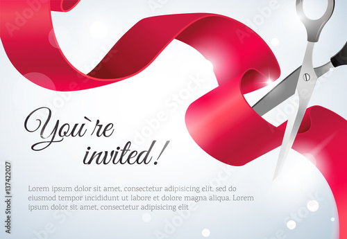 You are invited invitation card with curving ribbon and sparkling bokeh background. Grand opening concept. Vector illustration