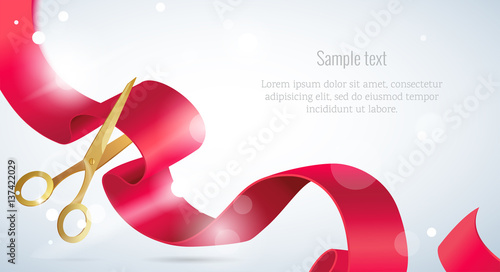 Grand opening concept. Scissors cut the ribbon. Grand opening card with red ribbon, gold scissors bokeh background. Vector illustration