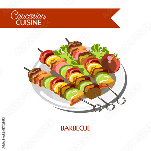 Barbecue meat shashlik Caucasian cuisine vector flat icon
