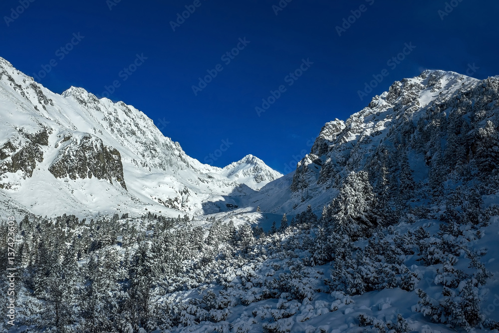 Beautiful mountains view at winter under sky.