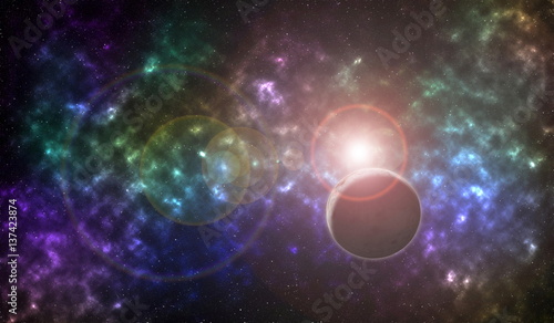 sky and sun light reflex with colorful nebulae in galaxy abstract beautiful for background