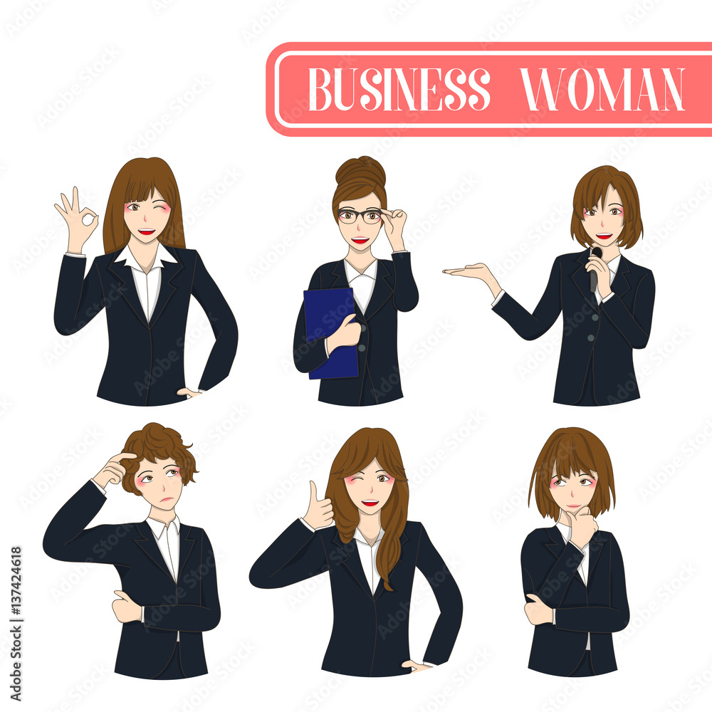 Set Cute Business Woman Cartoon Character. Set Cute Business Woman Cartoon Character.