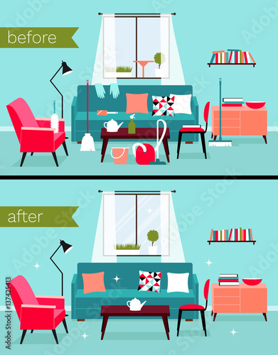 Vector living room interior with cleaning tools