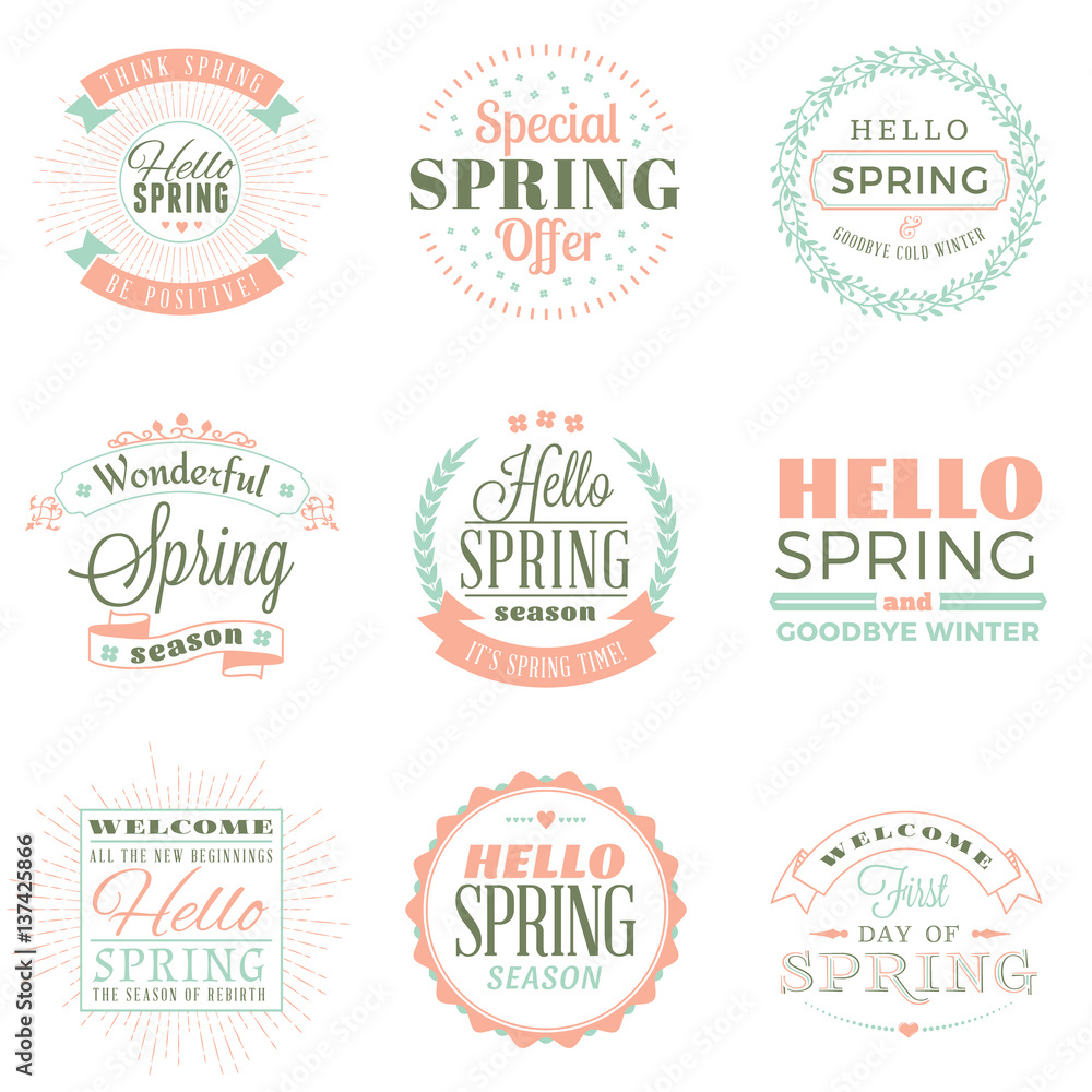 Spring vintage typographic badges. Vector illustration. Hello Spring. Greeting card design