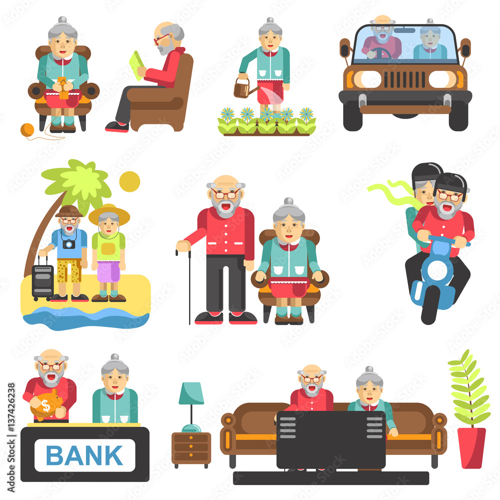 Older people life style vector flat icons