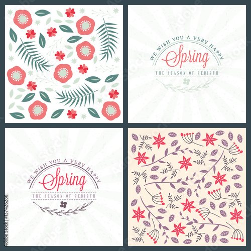 Spring holiday greeting card design. Vector floral greetings card or poster. Romantic labels with flowers pattern
