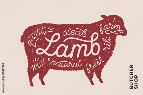 Trendy illustration with red lamb silhouette and words Lamb, fresh, steak, natural, farm. Creative graphic design for butcher shop, farmer market. Poster for meat related theme. Vector Illustration