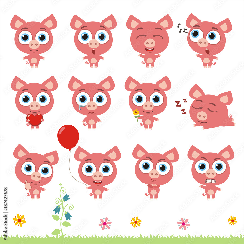 Big set cute little pig. Collection isolated cartoon pig in different poses. Big set cute little pig. Collection isolated cartoon pig in different poses.