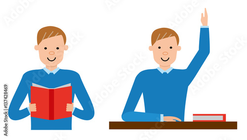 The student is learning the material in the textbook, and then answering in the exam. Vector flat design illustrations isolated on white background.
