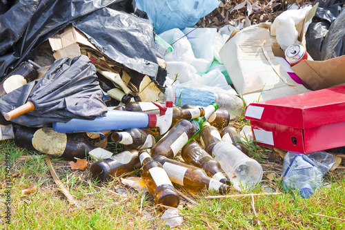 Illegal dumping with bottles, boxes and plastic bags abandoned in nature