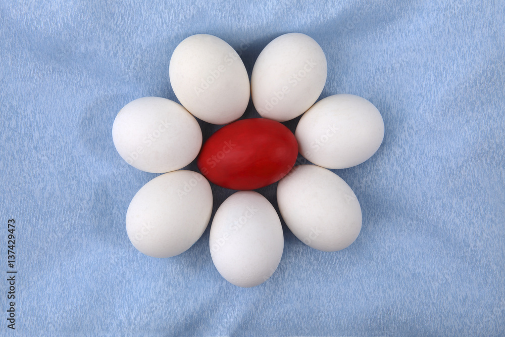 On a blue background is red egg surrounded by white. View for the Easter rite. View from above. Close-up On a blue background is red egg surrounded by white. View for the Easter rite. View from above. Close-up