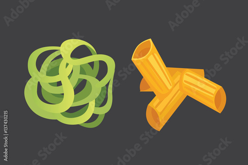 Vector set Italian pasta in cartoon style. Different types and shapes of macaroni with. Ravioli, spaghetti, tortiglioni illustration