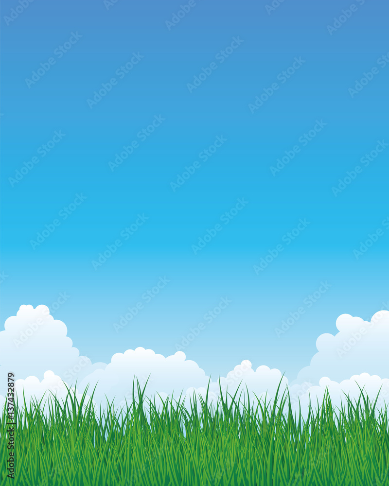 Summer background with lawn, clouds and copyspace