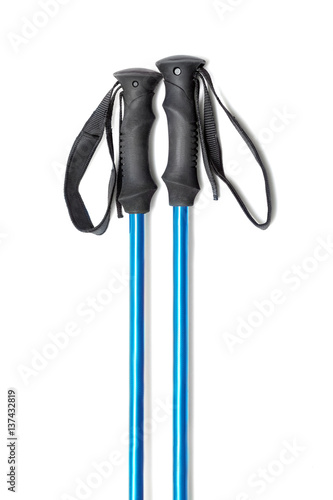 blue trekking or ski poles isolated with shadow photo