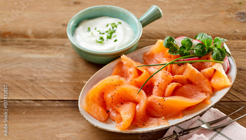 Obraz na plátne Fresh smoked salmon slices, a gourmet delicacy