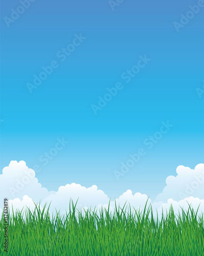 Summer background with lawn, clouds and copyspace