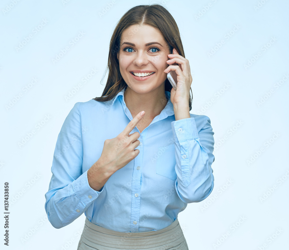 Smiling business woman using mobile phone isolated portrait. Smiling business woman using mobile phone isolated portrait.