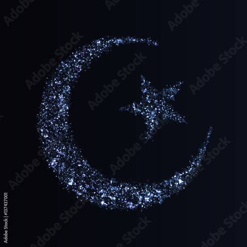 Abstract crescent moon and star made of polygons