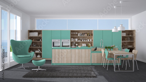 Modern gray and turquoise kitchen with wooden details, big window with sea or lake panorama