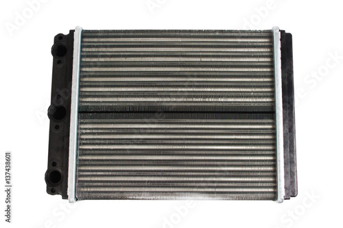 Engine cooling radiator isolated on white background. Auto spare parts for passenger car.