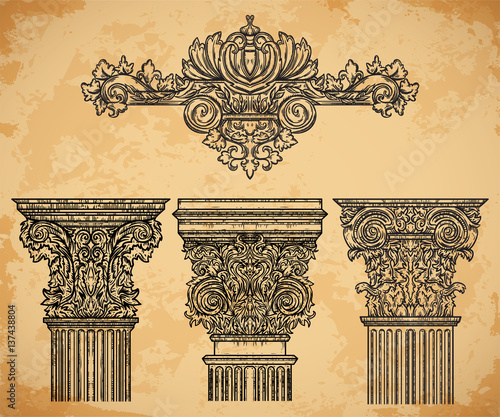 Vintage architectural details design elements on aged paper background. Antique baroque classic style column and cartouche. Hand drawn vector illustration