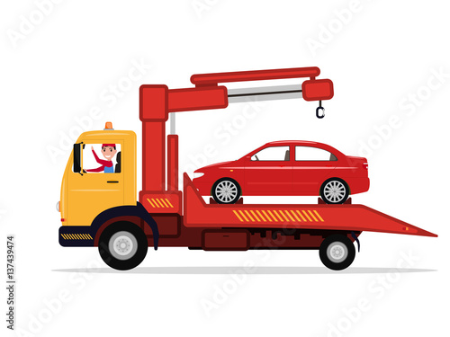 Vector man in tow truck driven emergency vehicle