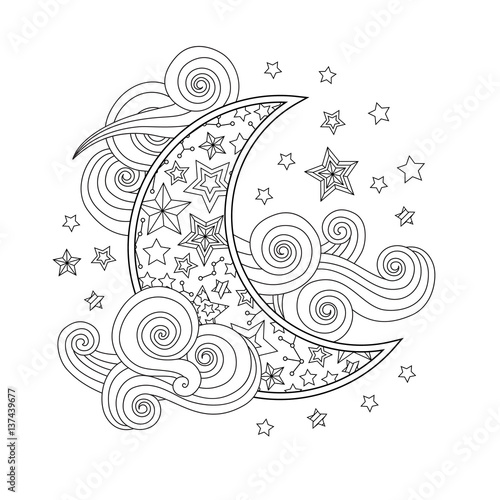 Contour image of moon crescent clouds stars in zentangle inspired doodle style isolated on white.