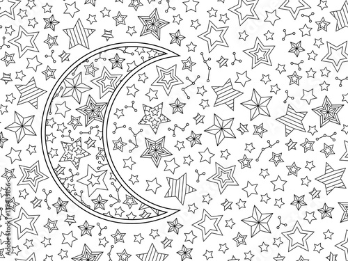 Contour image of moon crescent and stars in zentangle inspired doodle style. Horizontal composition.