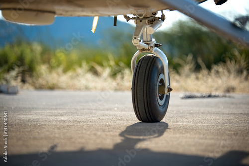 A rear landing gear and wheel chocks of a small aircraft on the ground with blurry nature and traffic cone in the background.