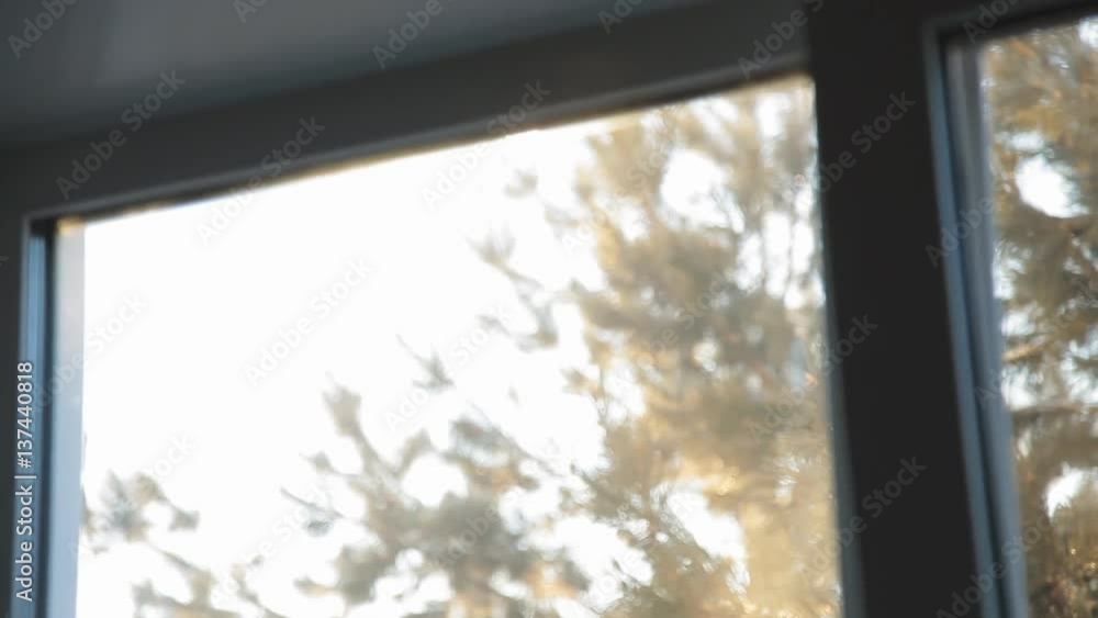 A woman opens a window and breathing fresh frosty air A woman opens a window and breathing fresh frosty air