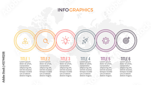 Business infographics. Presentation slide, chart, diagram with 6 steps, circles.