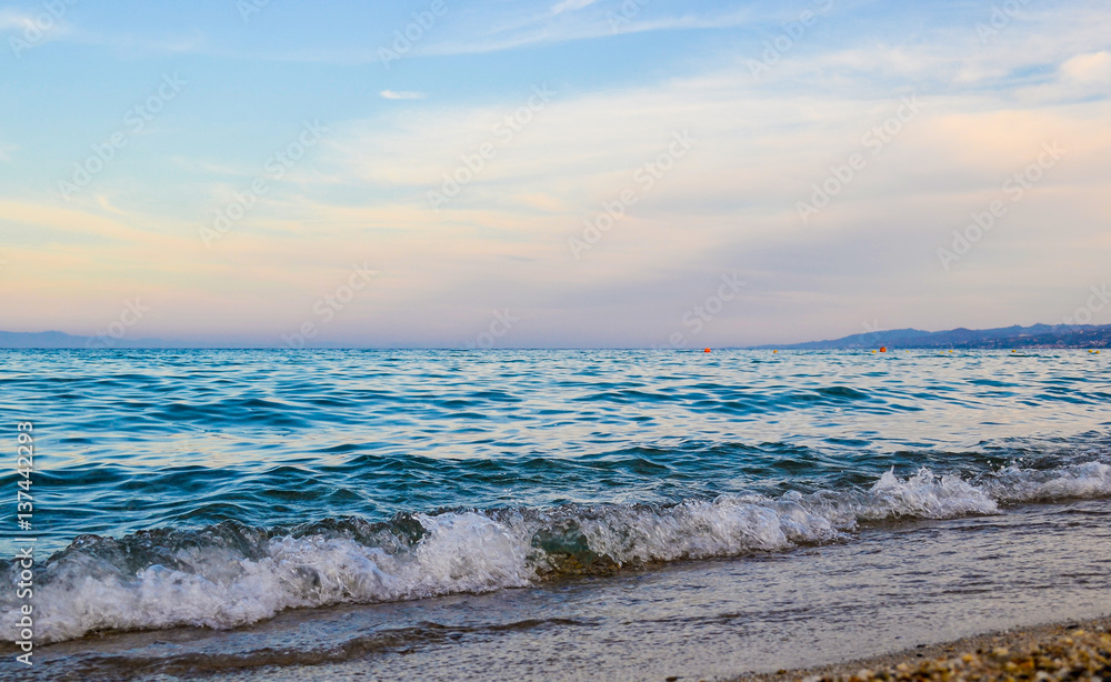 Beautiful ocean waves on the Greek coast. Halkidiki, Kassandra