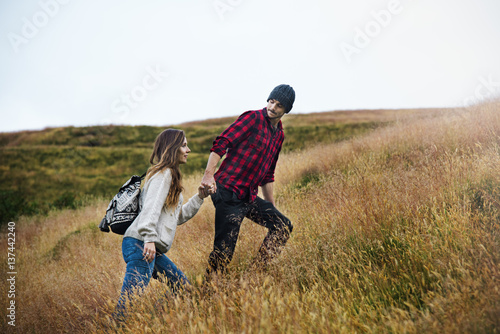 People Holding Hands Walking Mountain Togetherness Hiking Concept