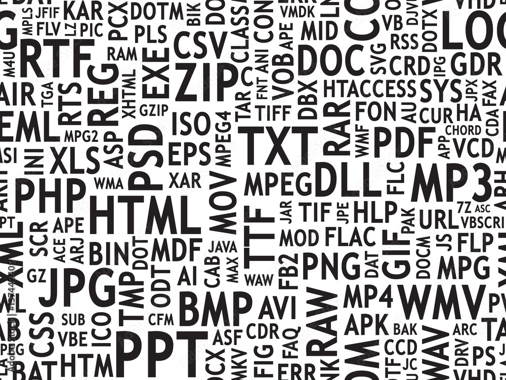 Seamless pattern design. File type names collage. Black words on white background. Vector illustration.