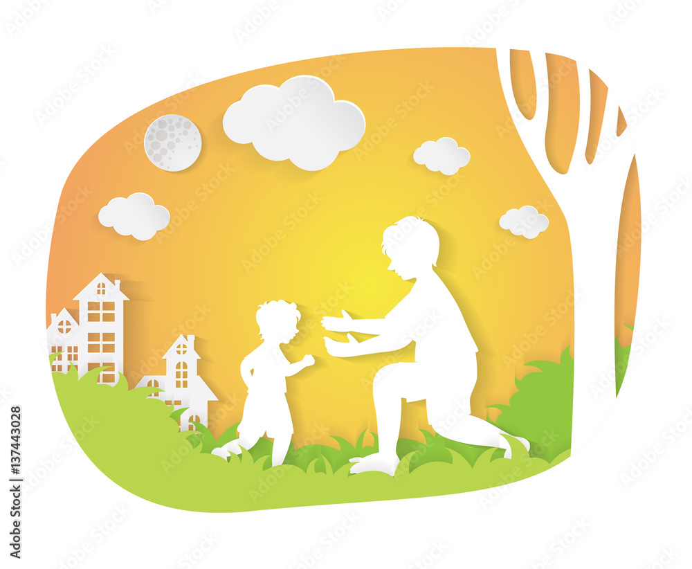 Father and son in city parks. Paper art vector Father and son in city parks. Paper art vector