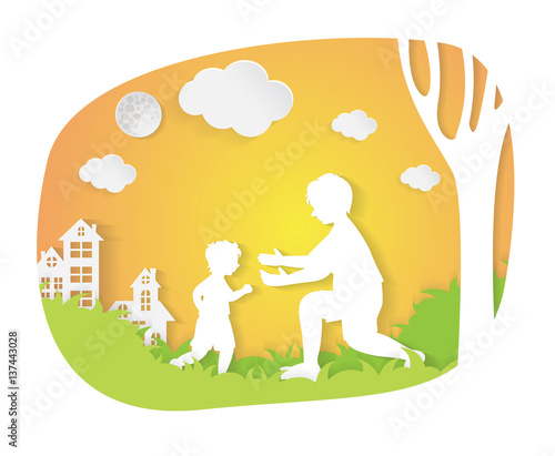 Father and son in city parks. Paper art vector © panitialapon