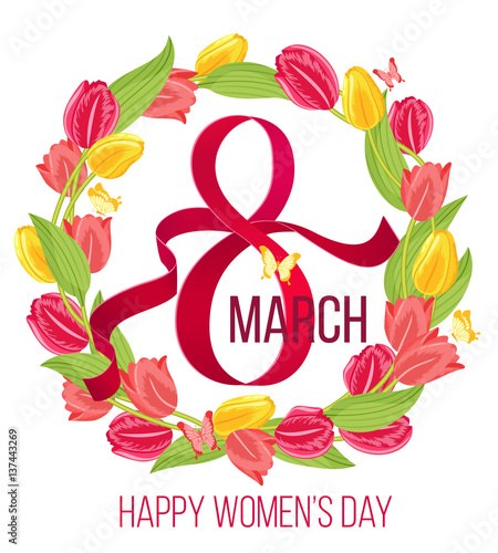 Spring woman day card. 8 march floral frame with tulips vector illustration